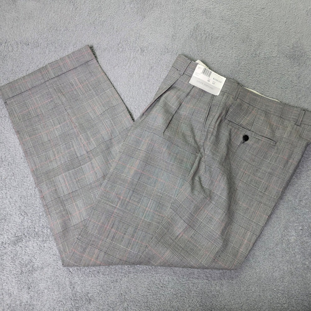 Louis Raphael Mens 38x30 Dress Pants Gray Glen Plaid Pleated Cuffed Worsted Wool